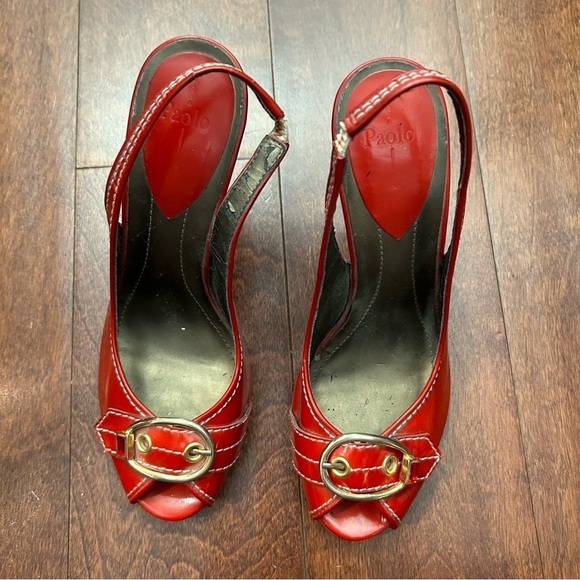 Paolo Dark Hyacinth Orange Leather Heels with Rhinestone & Gold Hardware, Size 7 - Picture 5 of 14